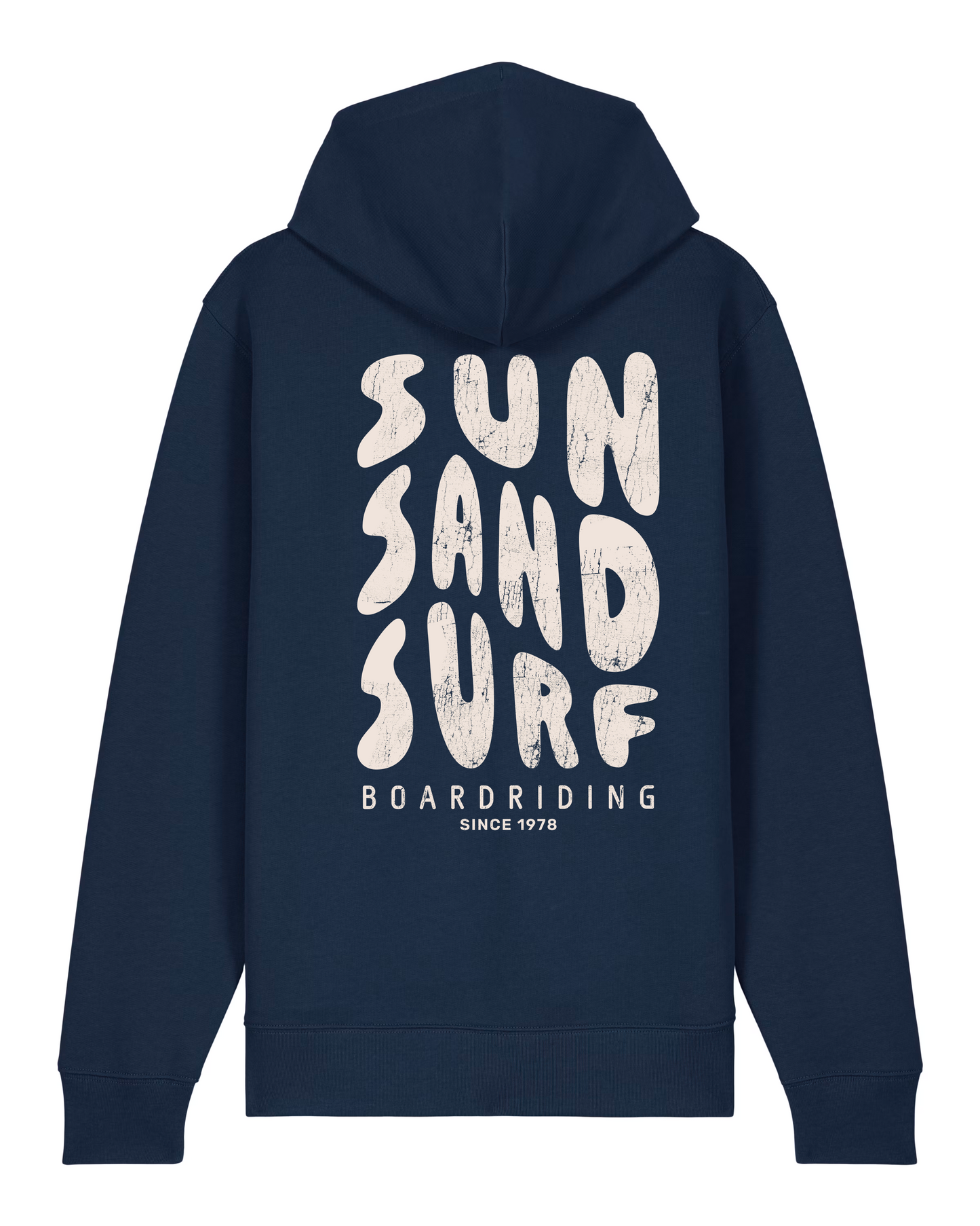Zip hoodie design in dark blue "SUN, SAND, SURF"
