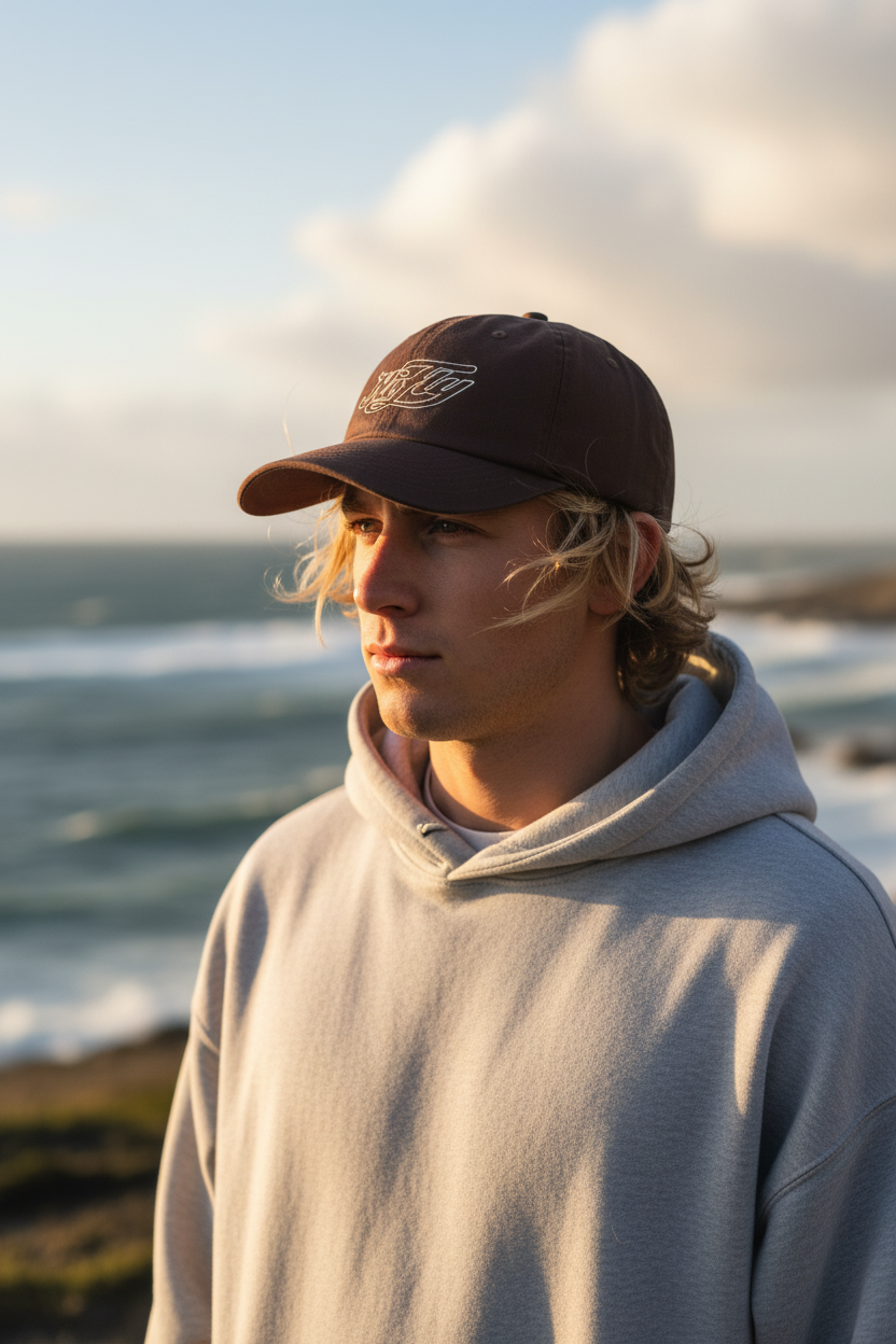Junger Mann trägt braune HiFly Baseball Cap am Meer