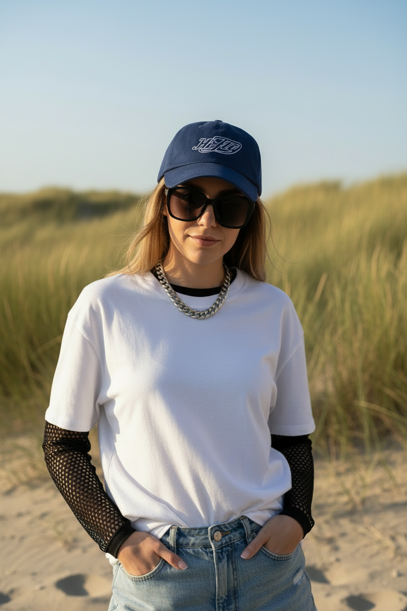 Junge Frau trägt blaue HiFly Baseball Cap am Strand
