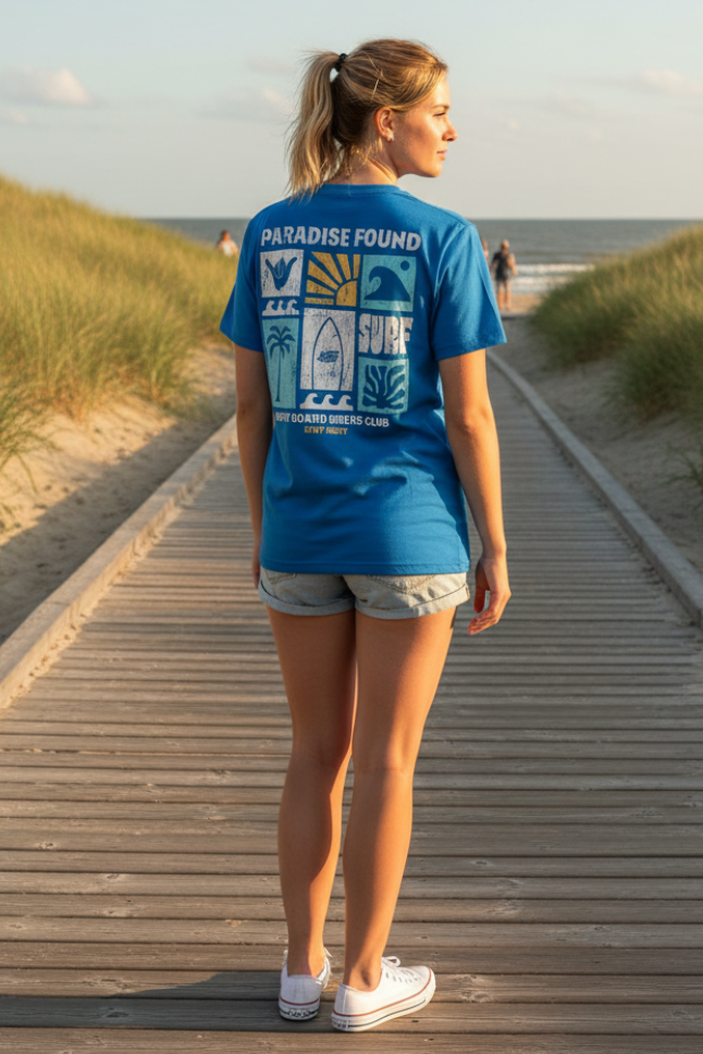 Junge Frau mit blauem HiFly T-shirt und Surfer Design auf dem Rücken steht auf der Strandpromenade