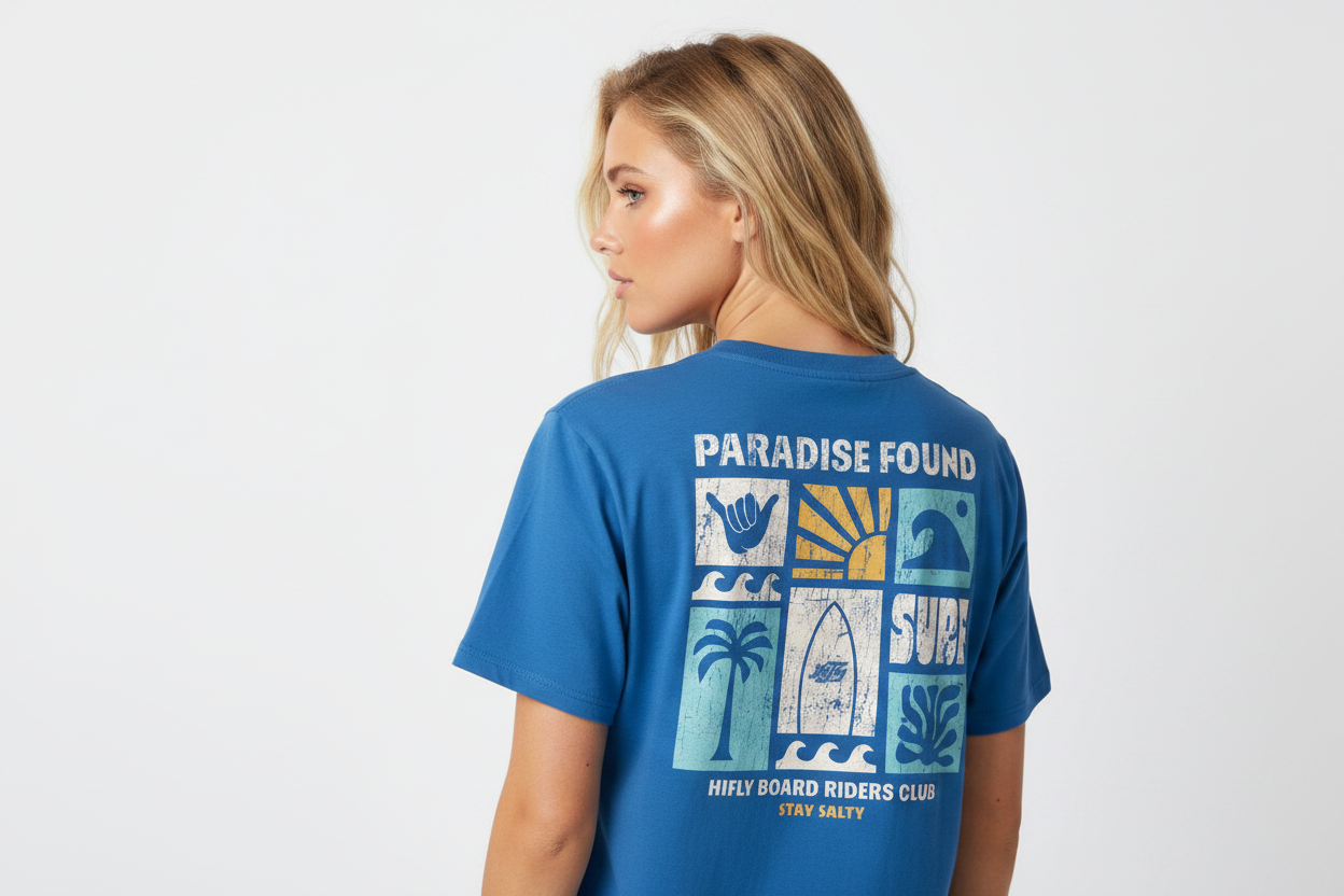 Junge Frau HiFly TG-Shirt in Blau und auffälligem Surf Design