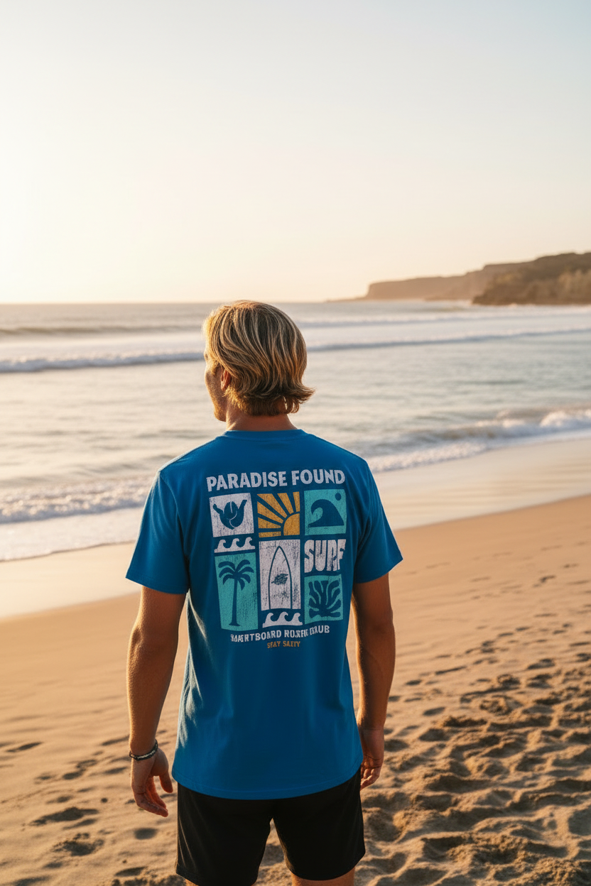 Junger Mann mit blauem HiFly T-Shirt und auffälligem Surferdesign stet am Strand und blickt aufs Meer