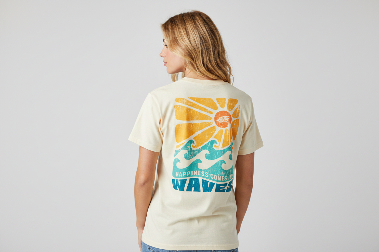 Junge Frau mit HiFly T-Shirt in weiß und auffälligem Surf Design