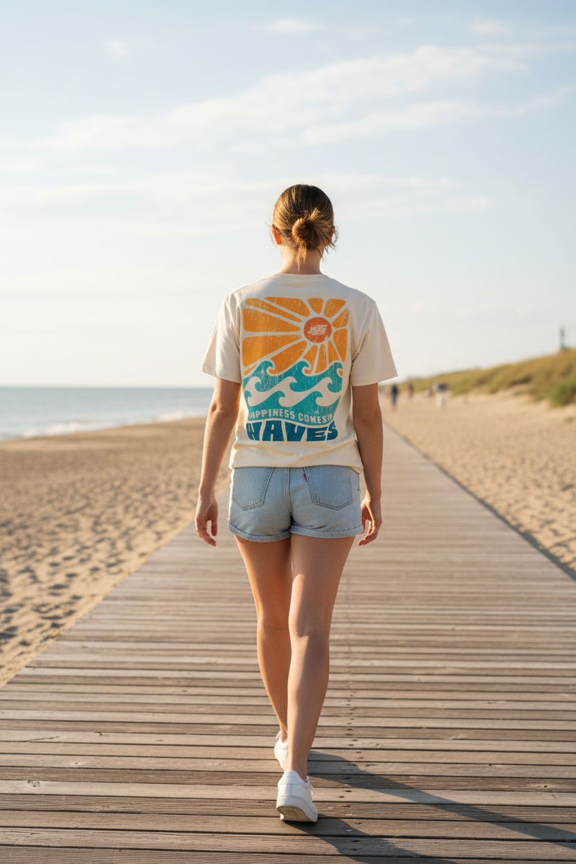 Junge Frau mit HiFly T-Shirt und Surfer-Rückendesign auf der Strandpromenade
