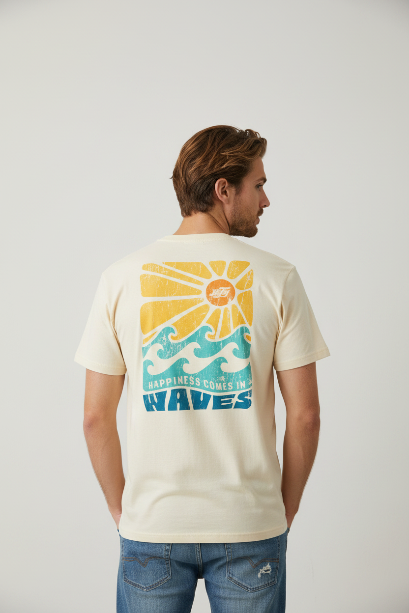 Junger Mann mit HiFly T-Shirt und auffälligem Surf Design auf dem Rücken