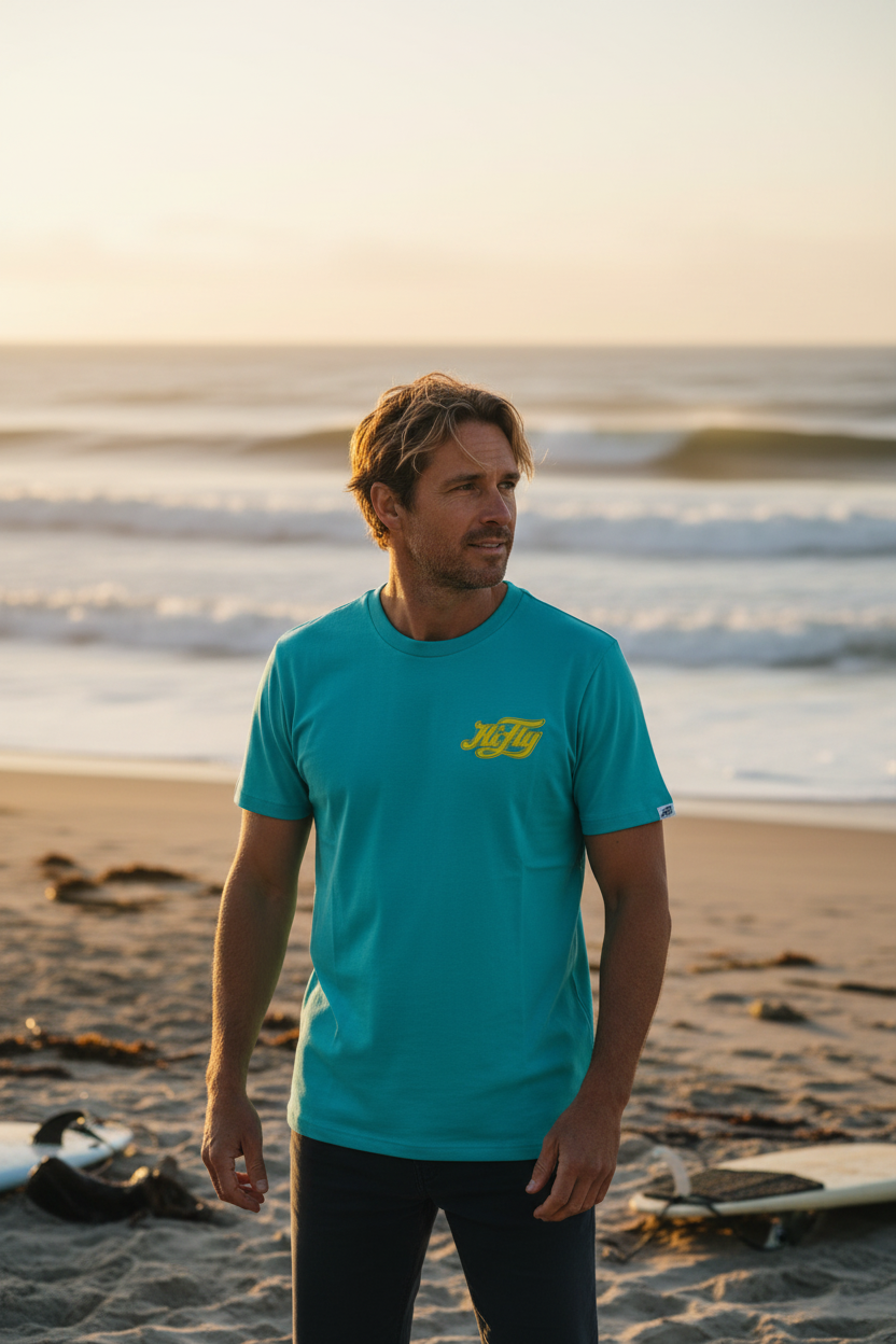 Mann mit türkisblauem HiFly T-Shirt steht am Strand in der Abendsonne